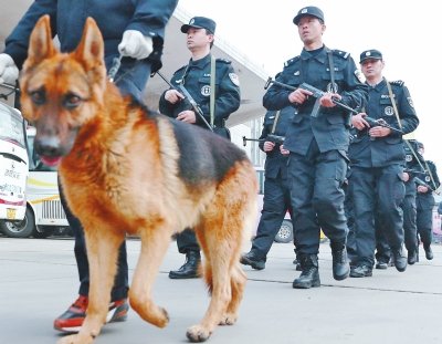 牵警犬持微冲，特警在车站巡逻