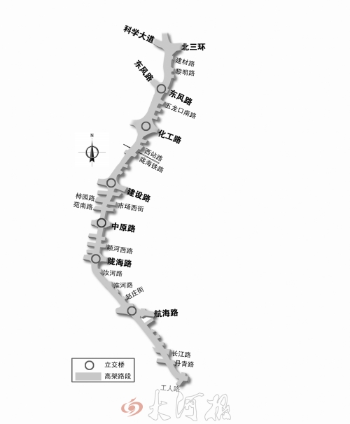 截至目前，仅剩西三环跨长江路、丹青路高架桥金水河处一座箱梁尚未浇筑。