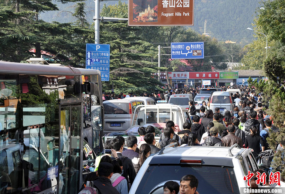 图为10月26日上午10点多，北京香山路赏红客摩肩接踵