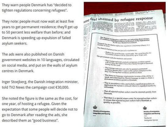 为了阻止难民前往丹麦寻求庇护，丹麦政府8日在黎巴嫩多家报刊刊登广告说明丹麦准备收紧难民庇护政策。(图片来源：欧洲观察家网站)