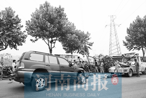 郑州文化路百万豪车“骑”上树 一下撞飞几十万 河南商报记者 邱晓峰/摄