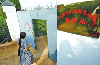 挂着两块牌子：分别是洛阳市周山野生动物救助站和周山森林公园野生动物保护区